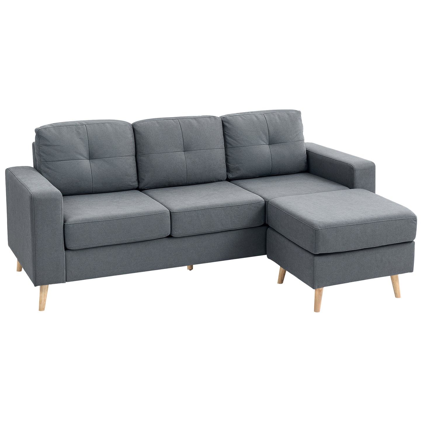 3 Seater Sofa with Footstool, Fabric L-Shaped Sofa, Sectional Couch with Wood Legs, Tufting Cushioned Back for Small Space