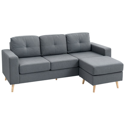 3 Seater Sofa with Footstool, Fabric L-Shaped Sofa, Sectional Couch with Wood Legs, Tufting Cushioned Back for Small Space