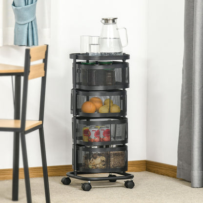 Metal Storage Cart, 4-Tier Storage Trolley on Wheels with 4 Mesh Baskets and Top Tray, Black