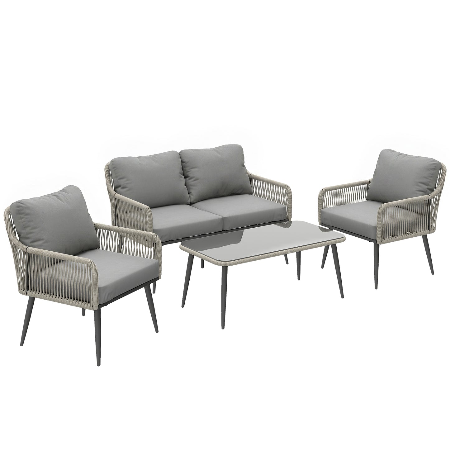 Rattan Garden Furniture Set, 4 Piece Outdoor Patio Furniture with Tempered Glass Table and Chairs