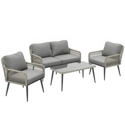 Rattan Garden Furniture Set, 4 Piece Outdoor Patio Furniture with Tempered Glass Table and Chairs