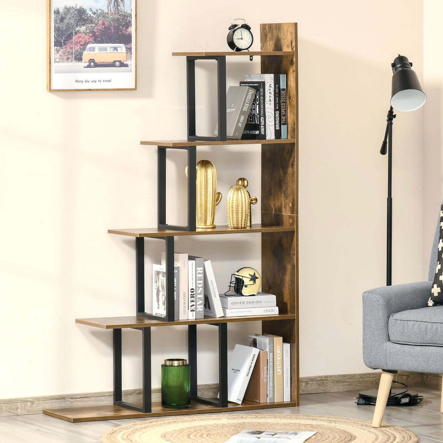 5-Tier Bookcase, Wooden Ladder Bookshelf Display Stand, Rustic Brown