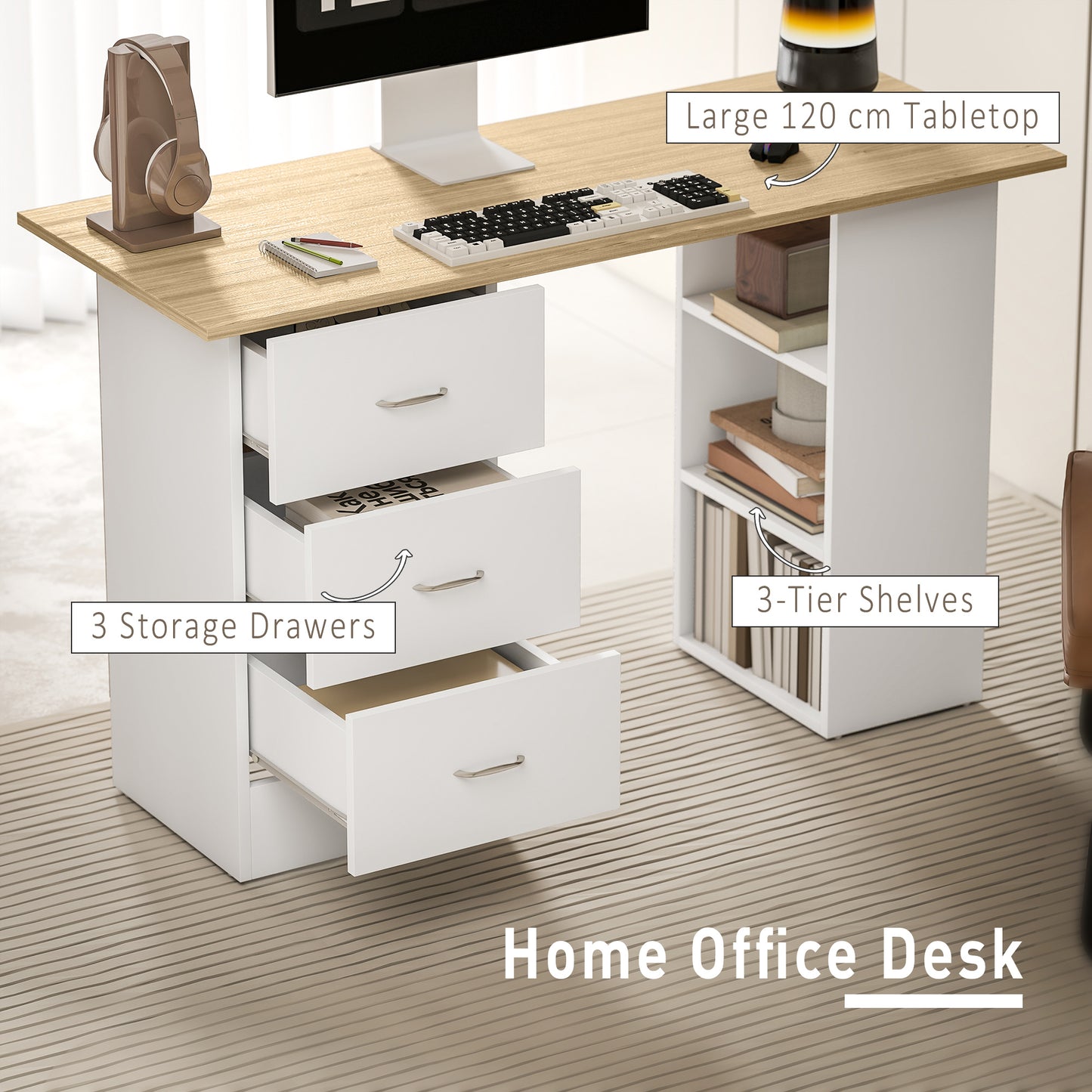 Computer Desk with Drawers, Home Office Desk, Writing Table, PC Workstation with 3 Storage Shelves for Working, Study