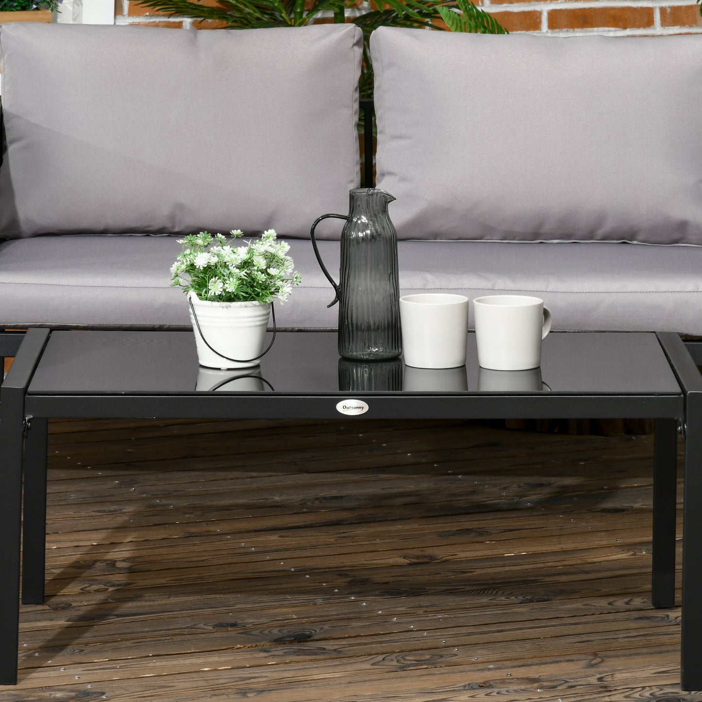 4 Piece Metal Garden Furniture Set with Tempered Glass Coffee Table, Texteline Pocket