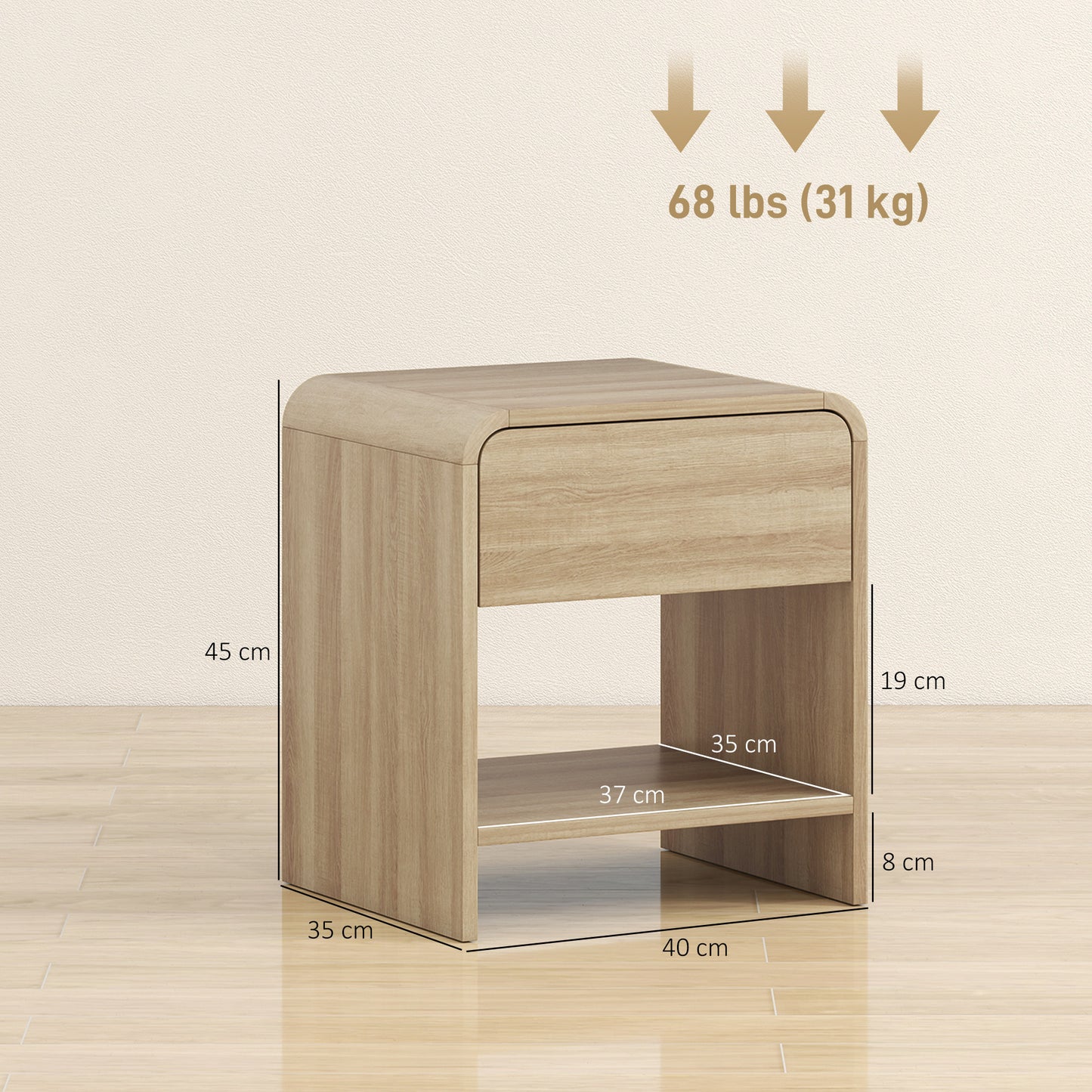 Bedside Tables Set of 2, Nightstands with Rounded Corners, Modern Side Table with Silent Drawer for Bedroom, Natural
