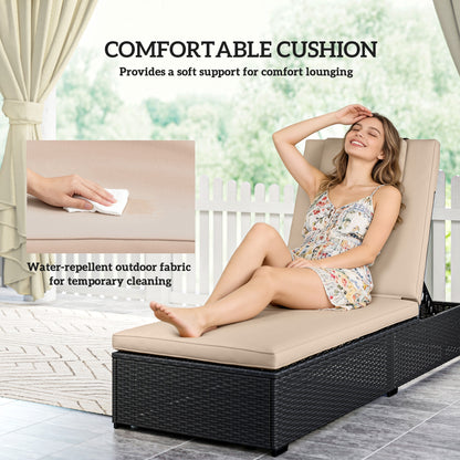Rattan Sun Lounger with 5-Level Reclining Back Side Tray and Cushion, Black