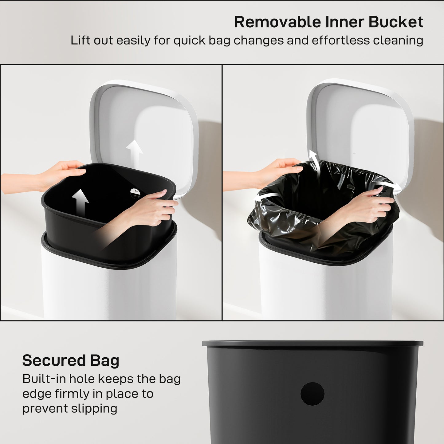 30L Kitchen Bin, Compact Pedal Bin with Soft-Close and Stay-Open Lid, Removable Bucket for Kitchen, Home, Office, White