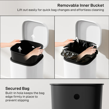 30L Kitchen Bin, Compact Pedal Bin with Soft-Close and Stay-Open Lid, Removable Bucket for Kitchen, Home, Office, White