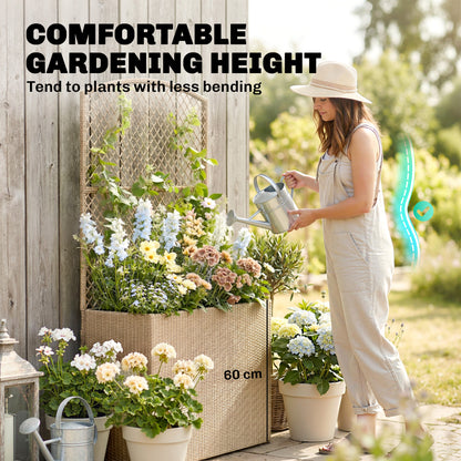 Rattan Planter with Trellis, Raised Beds for Garden with Liner for Climbing Plants Vegetables Flowers, Light Grey