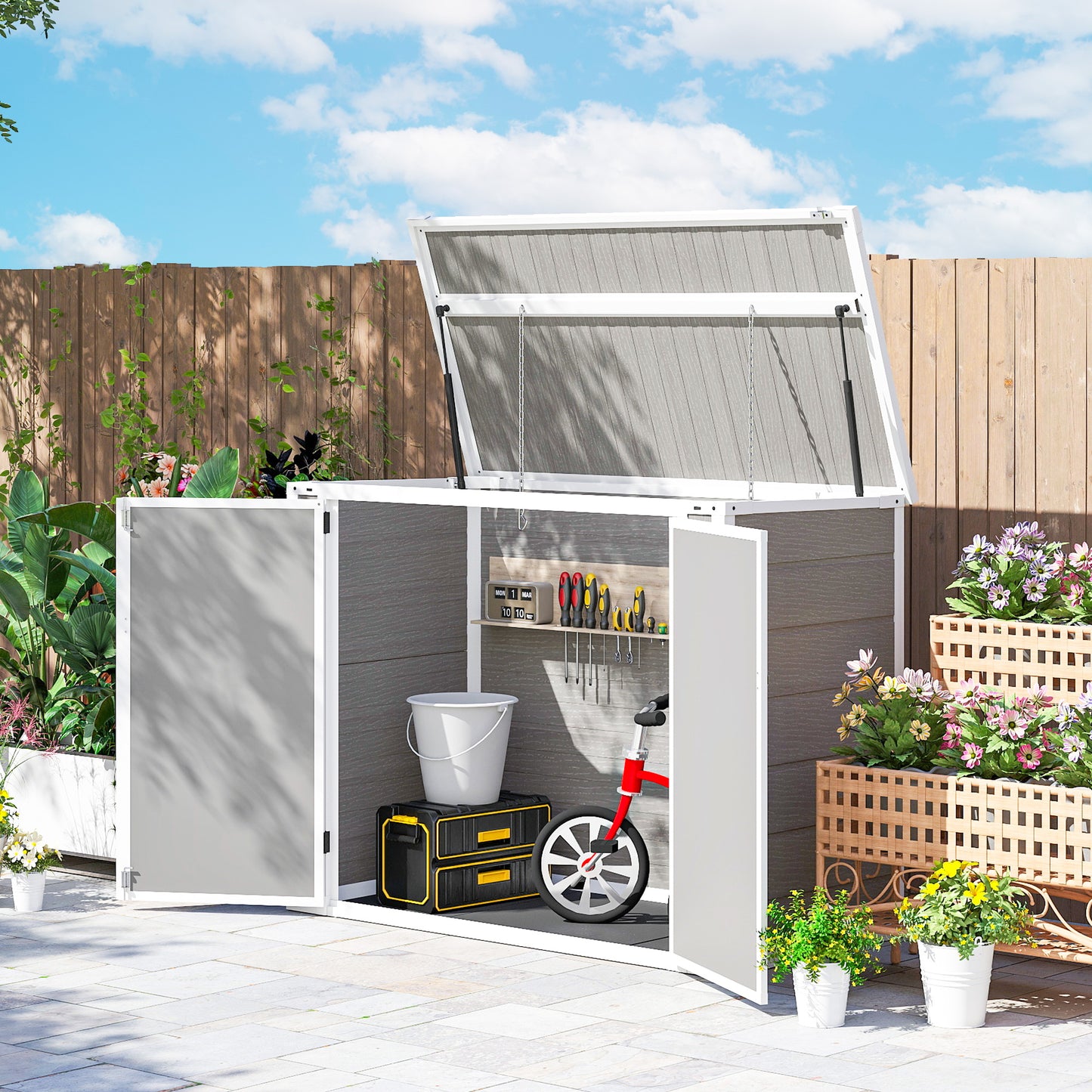 4.7 x 2.5FT Garden Shed, Double Bin Storage Shed with Lockable Doors, Outdoor Small Shed