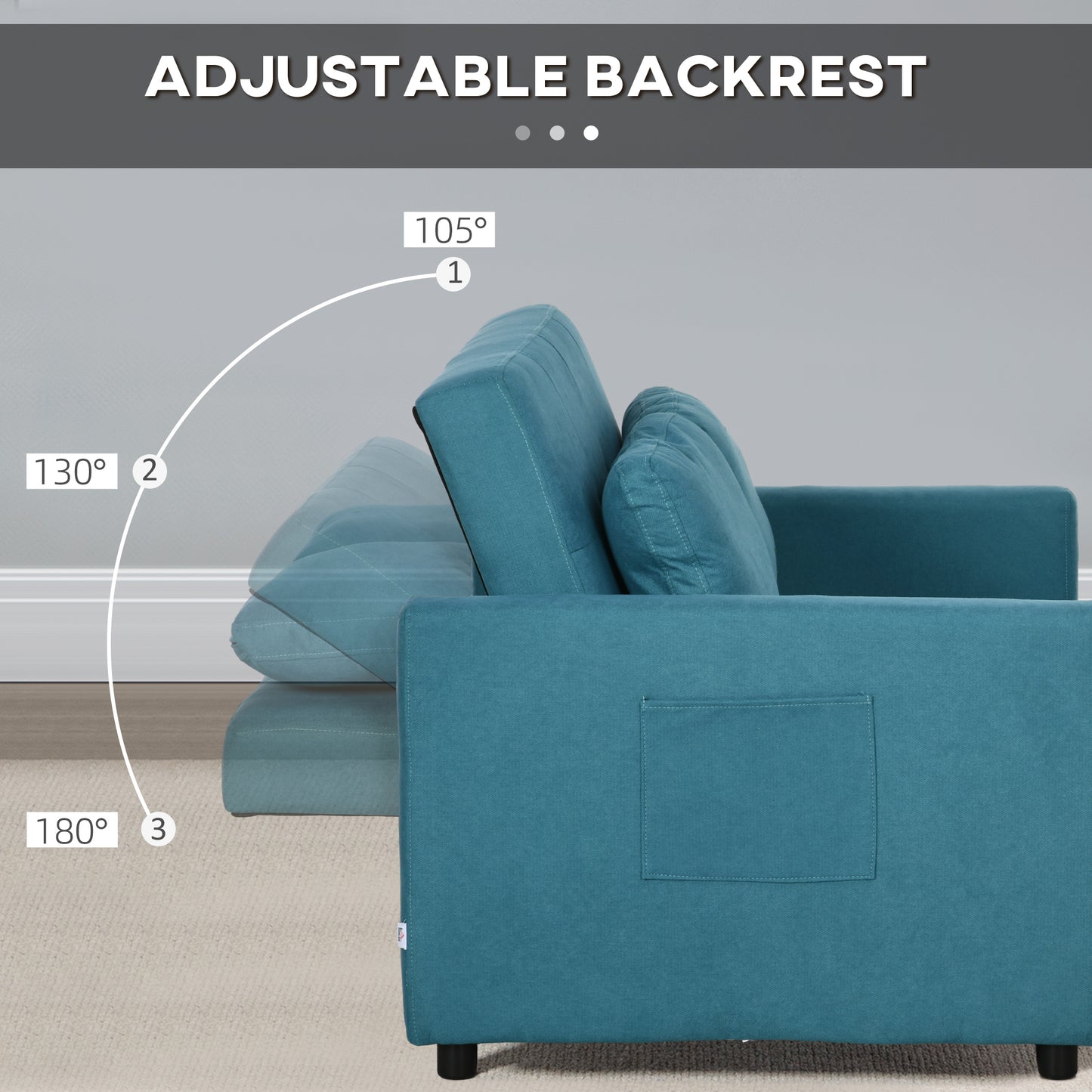 Loveseat Sofa Bed, Convertible Bed Settee with 2 Pillows, Side Pockets, Blue