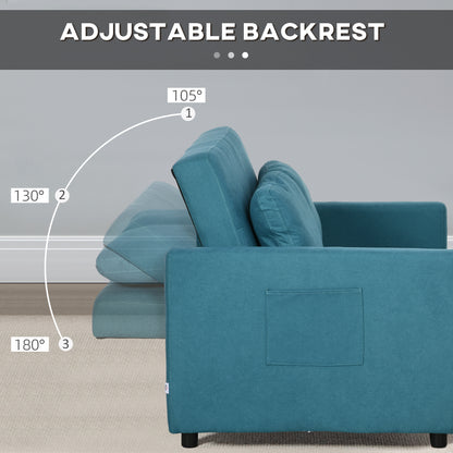 Loveseat Sofa Bed, Convertible Bed Settee with 2 Pillows, Side Pockets, Blue