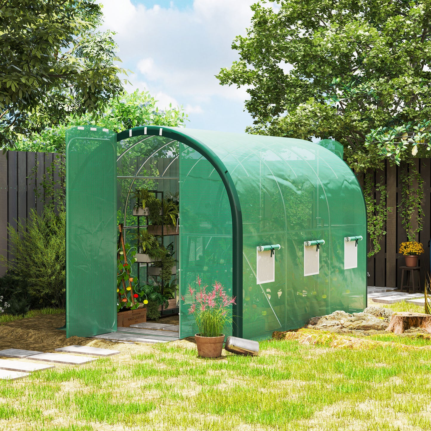 3 x 2 m Polytunnel Greenhouse, with Reinforced PE Cover, Windows and Doors - Green