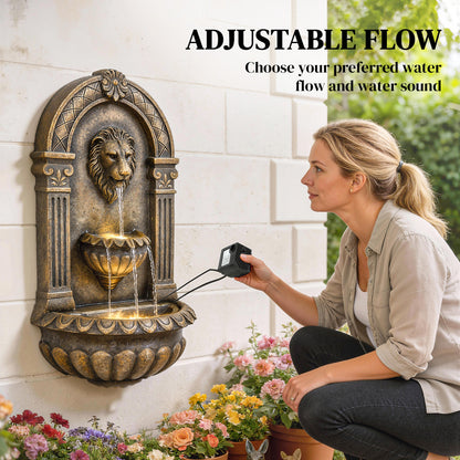 Wall-Mounted Water Fountain, 3-Tier Cascading Waterfall with LED Lights and Adjustable Flow for Patio, Rustic Brown