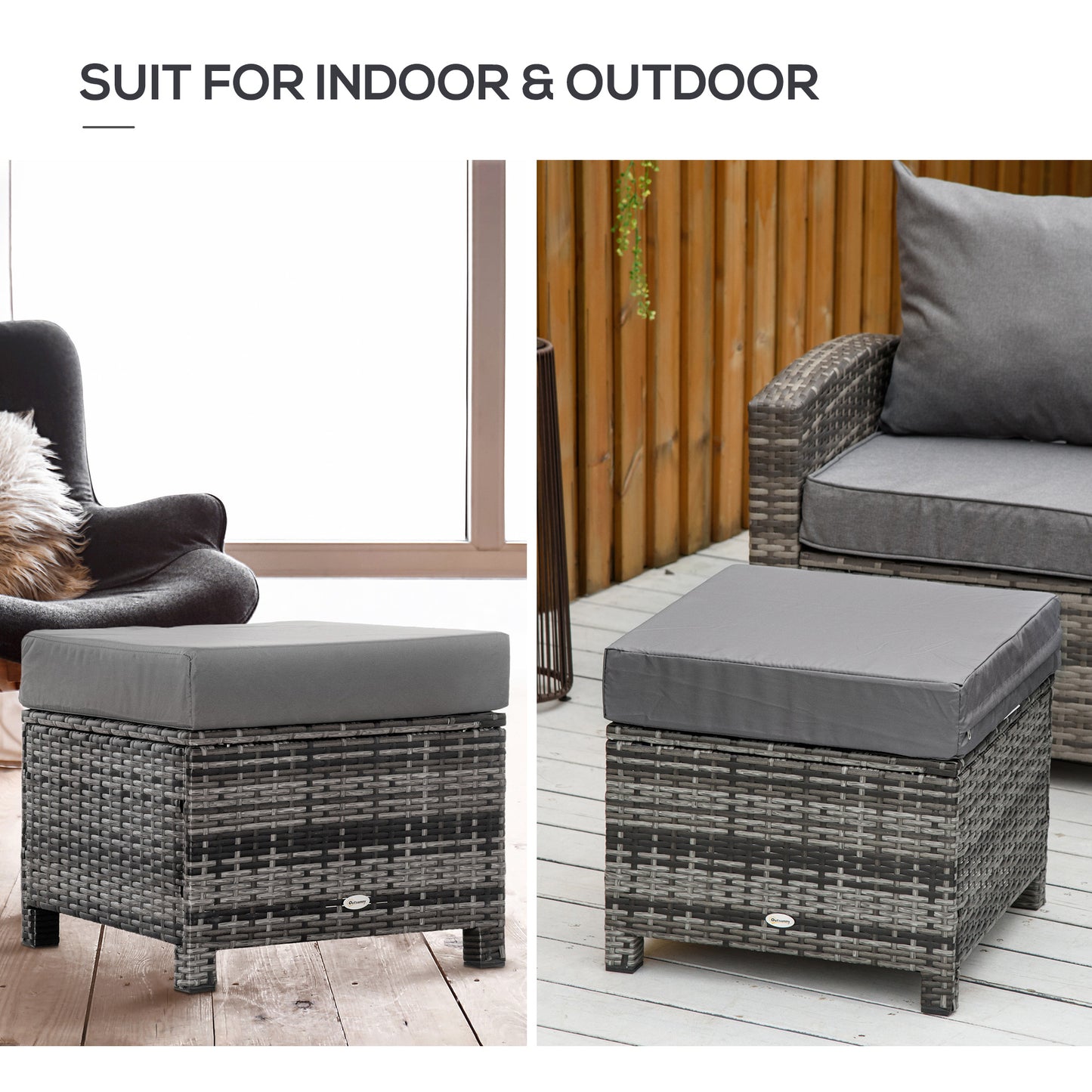 Rattan Footstool Wicker Ottoman with Padded Seat Cushion Outdoor Patio Furniture for Garden Poolside Living Room