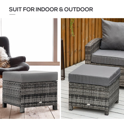 Rattan Footstool Wicker Ottoman with Padded Seat Cushion Outdoor Patio Furniture for Garden Poolside Living Room