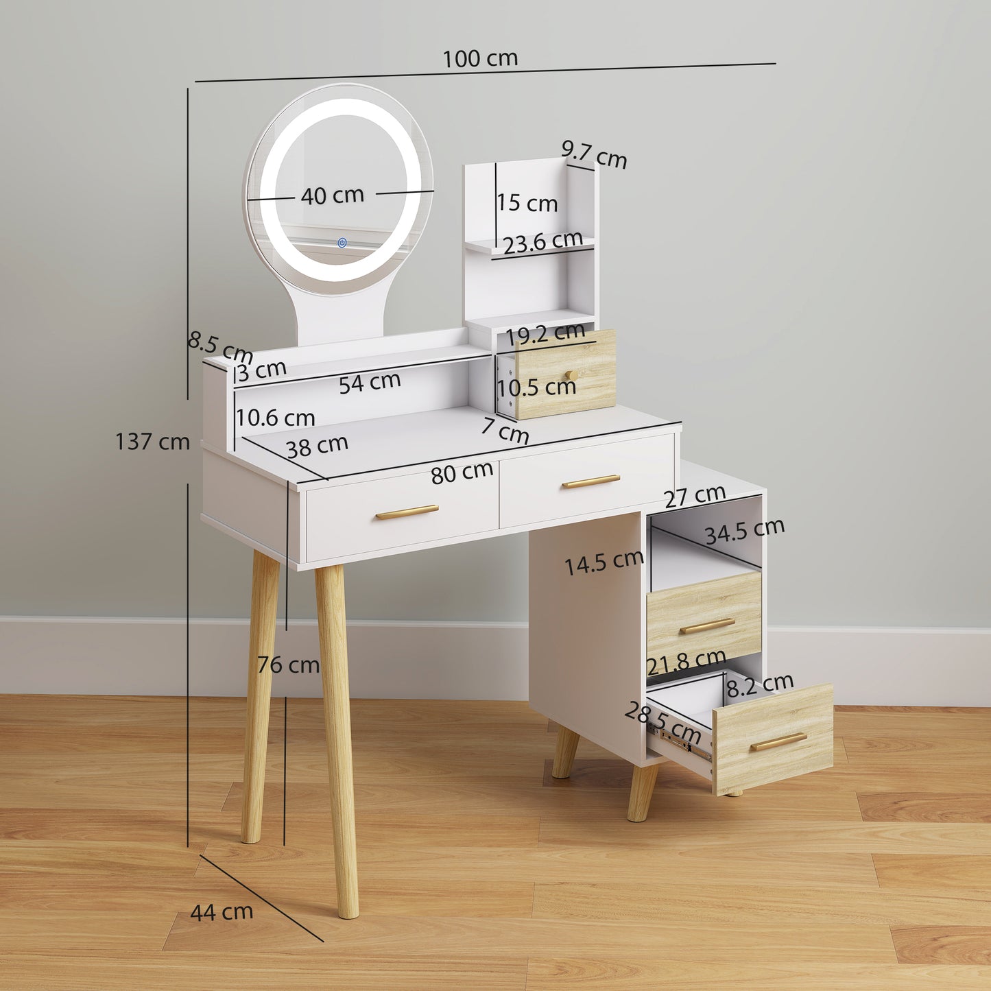 Elegant Dressing Table, with Storage - White
