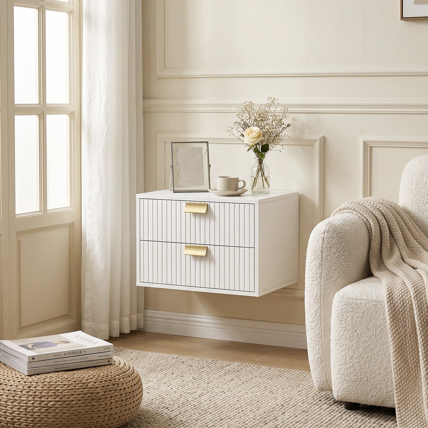 Modern Floating Nightstands Set of 2, Wall Mounted Bedside Tables with 2 Drawers, White