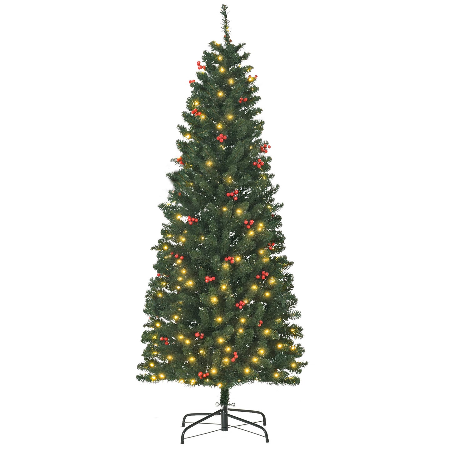 6FT Prelit Artificial Pencil Christmas Tree with Warm White LED Light, Red Berry, Holiday Home Xmas Decoration, Green
