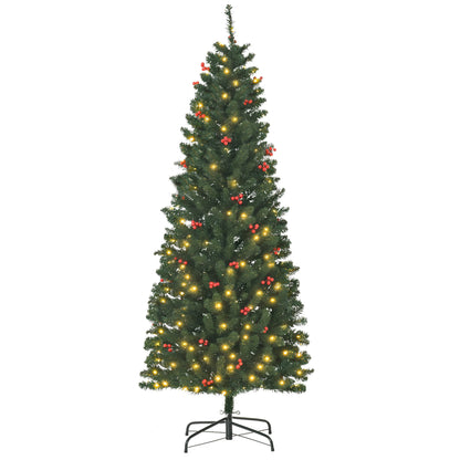 6FT Prelit Artificial Pencil Christmas Tree with Warm White LED Light, Red Berry, Holiday Home Xmas Decoration, Green