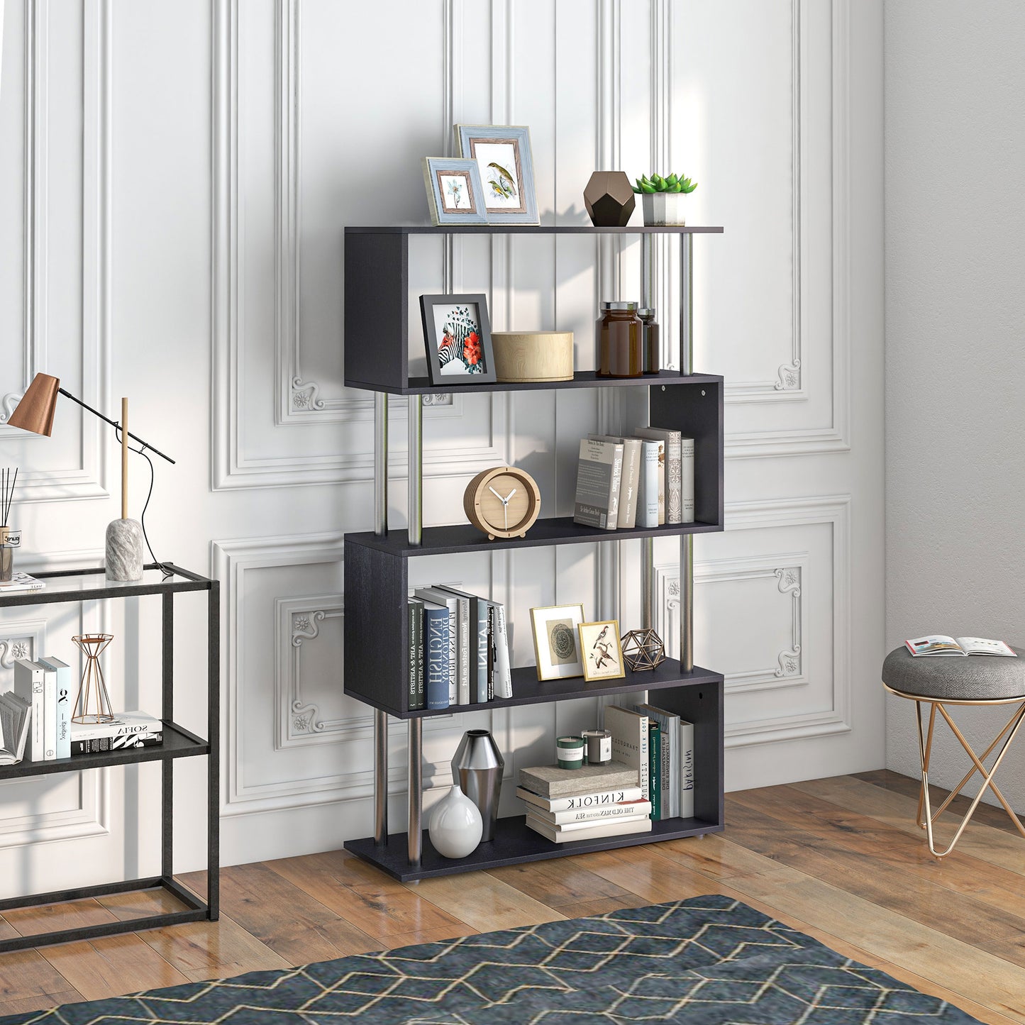 S Shape Bookcase, 5 Tiers Bookshelf, Modern Freestanding Storage Shelf for Home Office, Study, Living Room