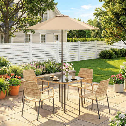 4 Seater Rattan Dining Set with Parasol, 6 Piece Garden Table and Stackable Chairs with Tempered Glass Tabletop