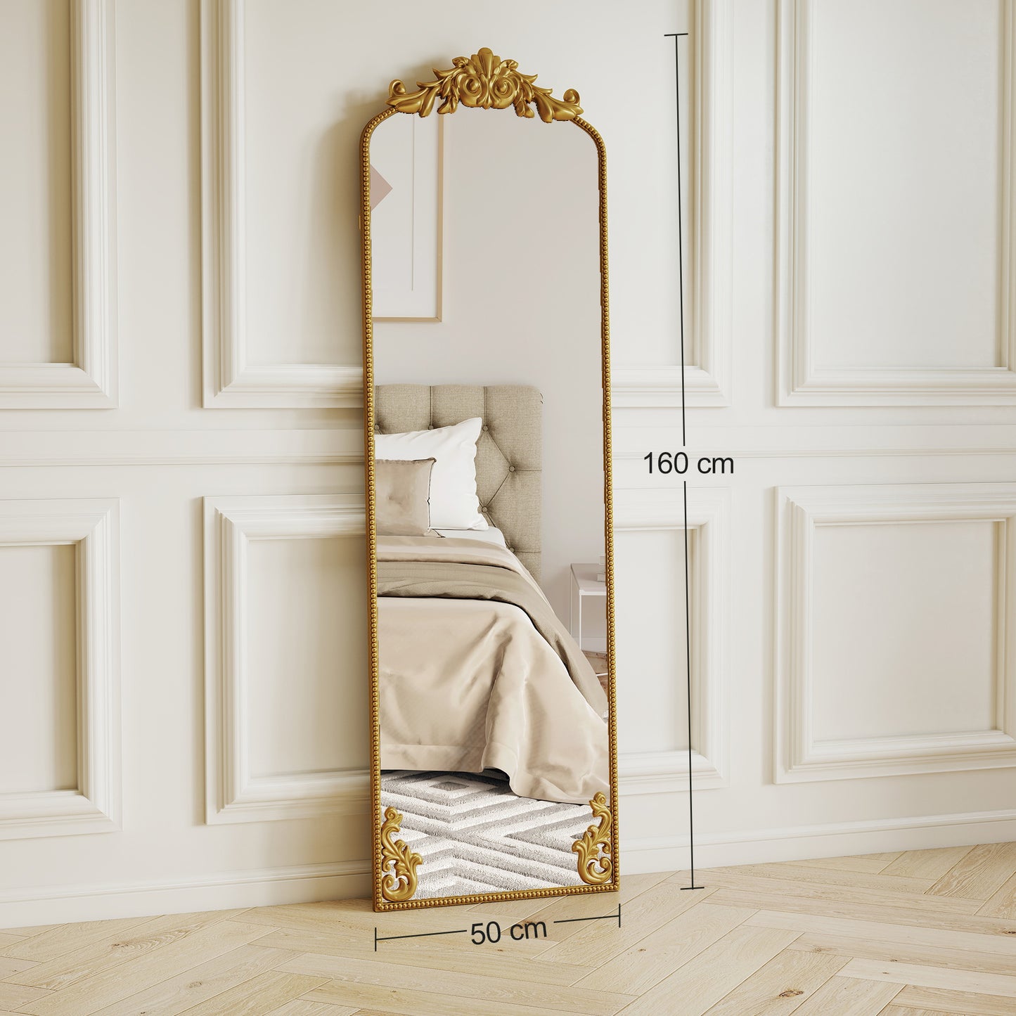 Full Length Mirror, 50 x 160 cm Floor Mirror with Baroque Metal Frame for Bedroom, Living Room, Dressing Room, Gold Tone