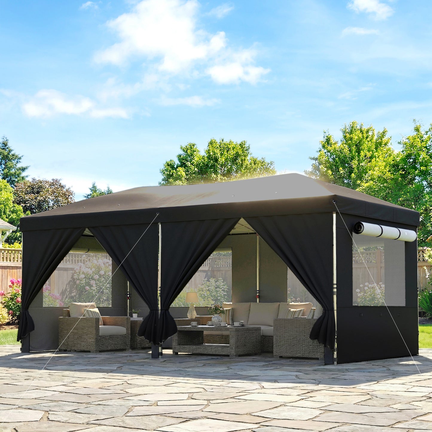 3 x 6 m Pop Up Canopy with UV50+ Protection Garden Gazebo with 6 Sidewalls, Black