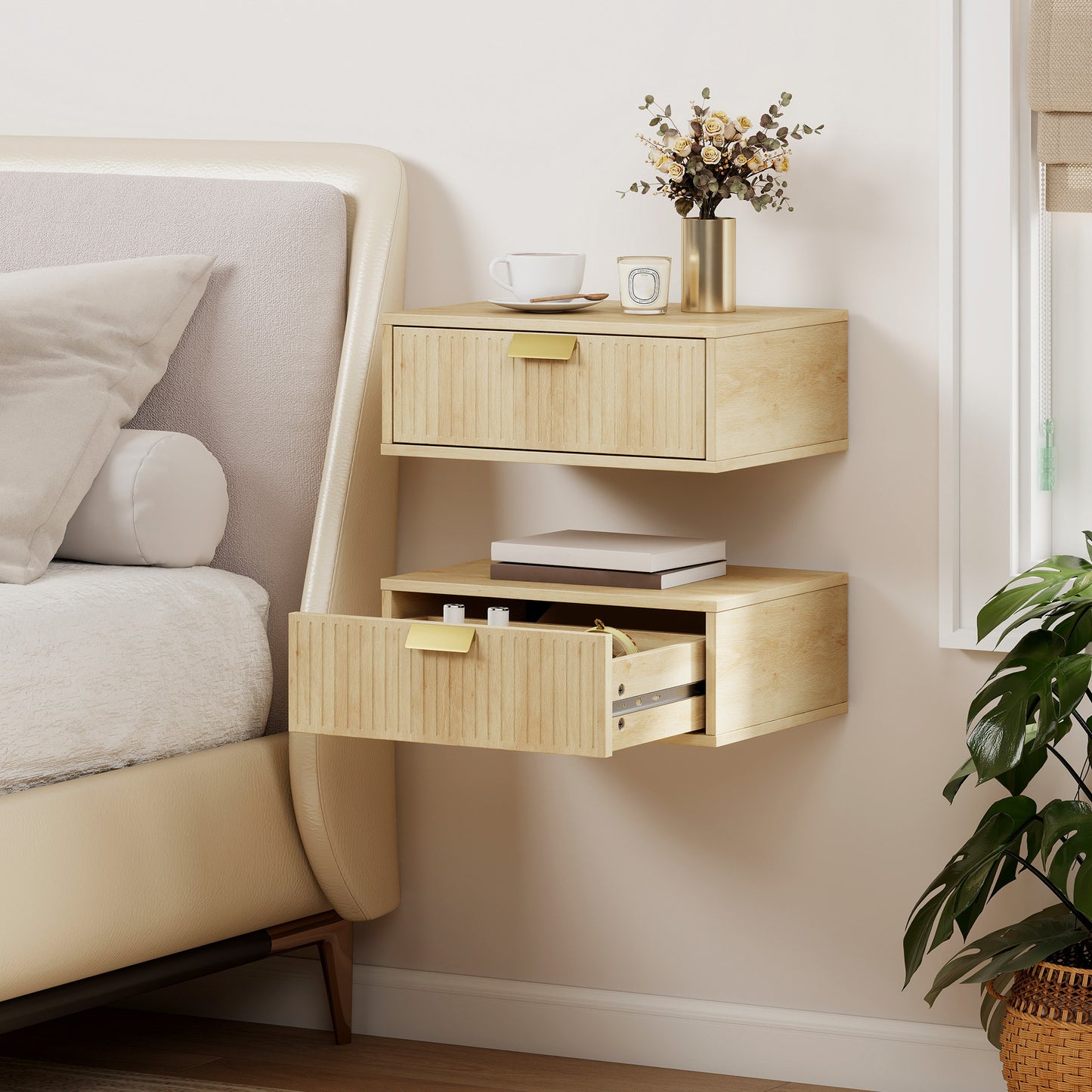 Modern Floating Nightstands Set of 2, Wall Mounted Bedside Tables with Wave Drawer Oak