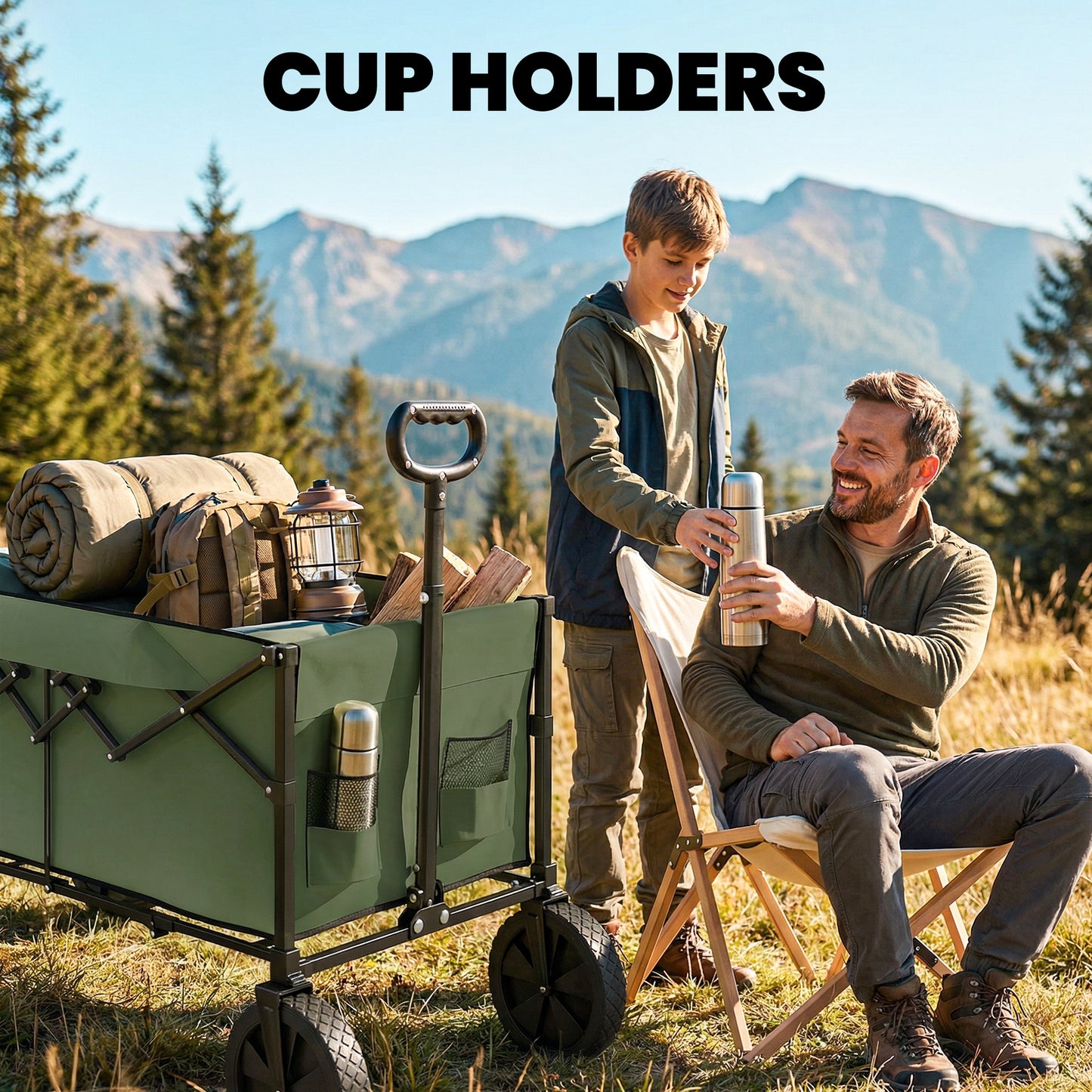 95L Foldable Festival Trolley on Wheels, Collapsible Wagon Cart with Adjustable Handle and 2 Cup Holders, Dark Green