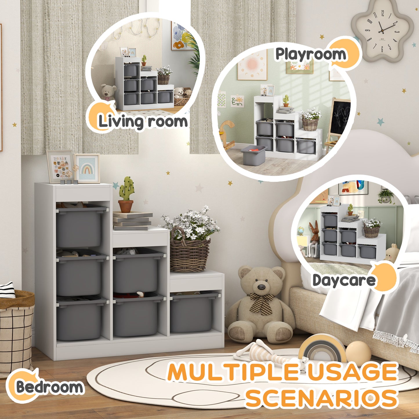 Toy Storage Organiser, Three-Layer Kids Toy Storage Units, with Removable Bins, for Ages 3-8 Years, Grey