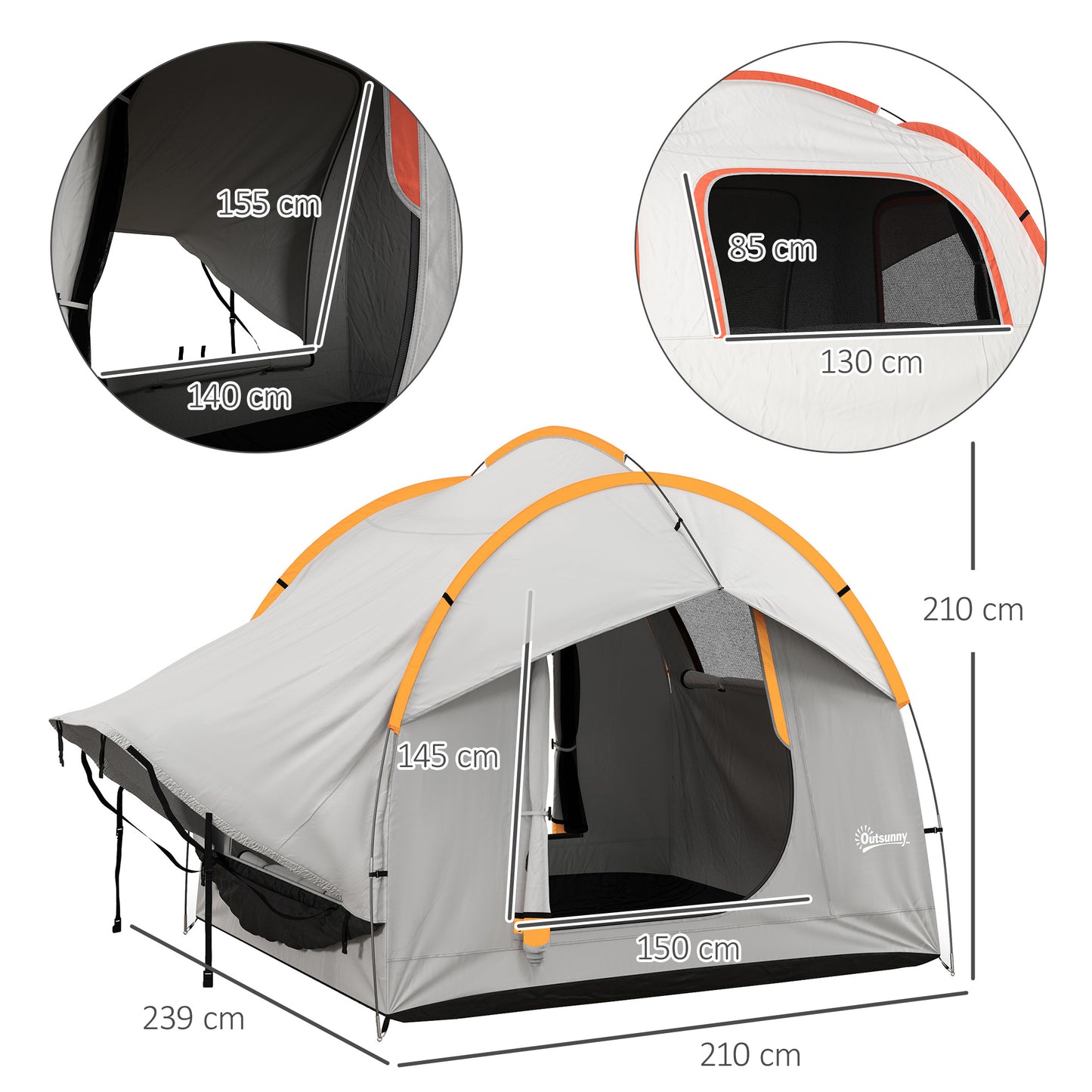 SUV Car Tent for Camping, Waterproof PU2000mm, 5 Man Tailgate Tent, 2.4 x 2.1 m, Grey and Orange