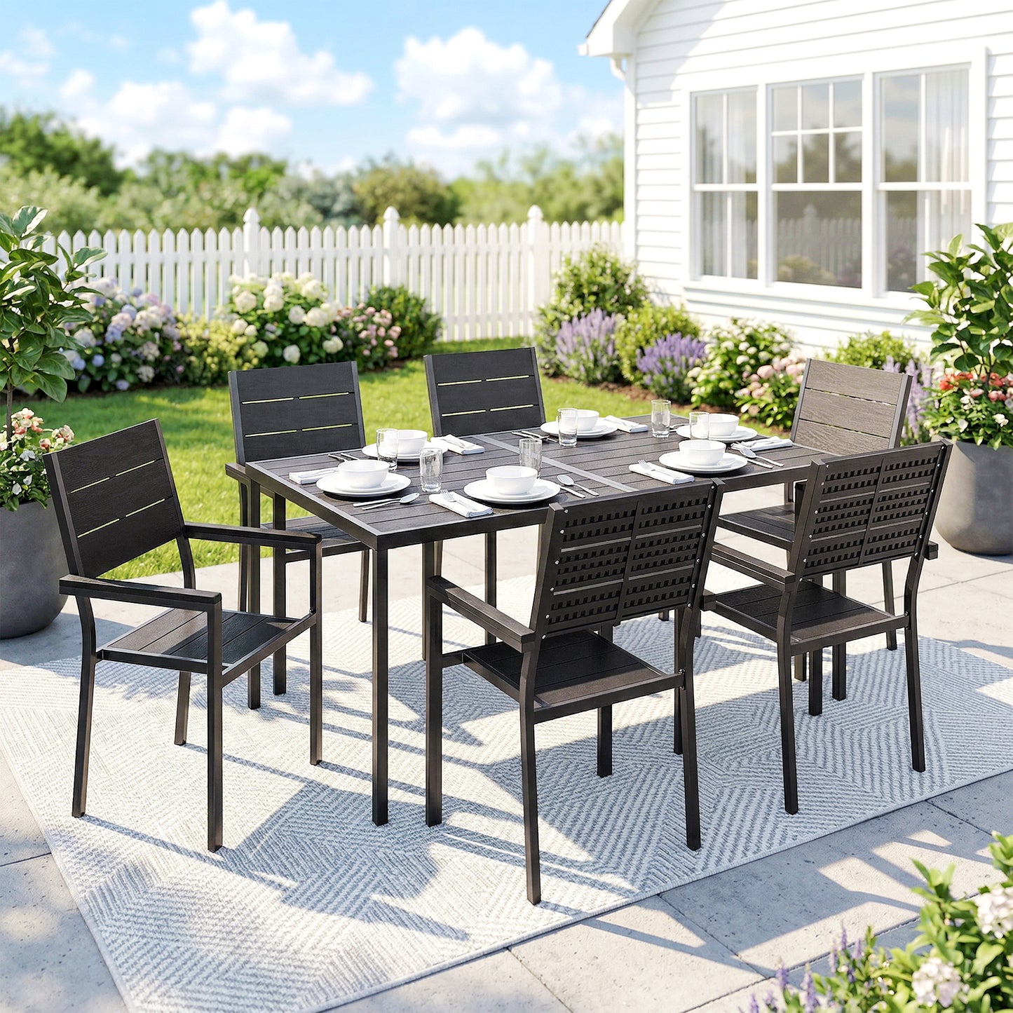 7 Pieces Outdoor Dining Set, Patio Table and Chairs for 6, Garden Dining Furniture Set with Slatted Tabletop