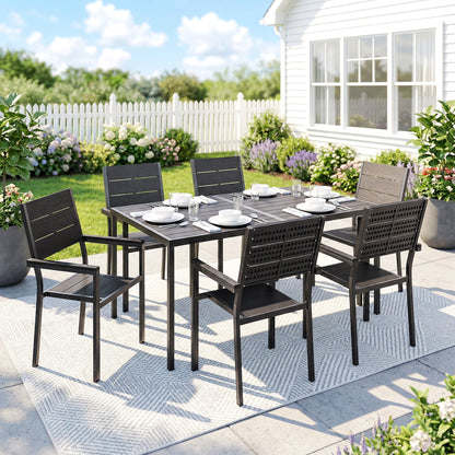 7 Pieces Outdoor Dining Set, Patio Table and Chairs for 6, Garden Dining Furniture Set with Slatted Tabletop