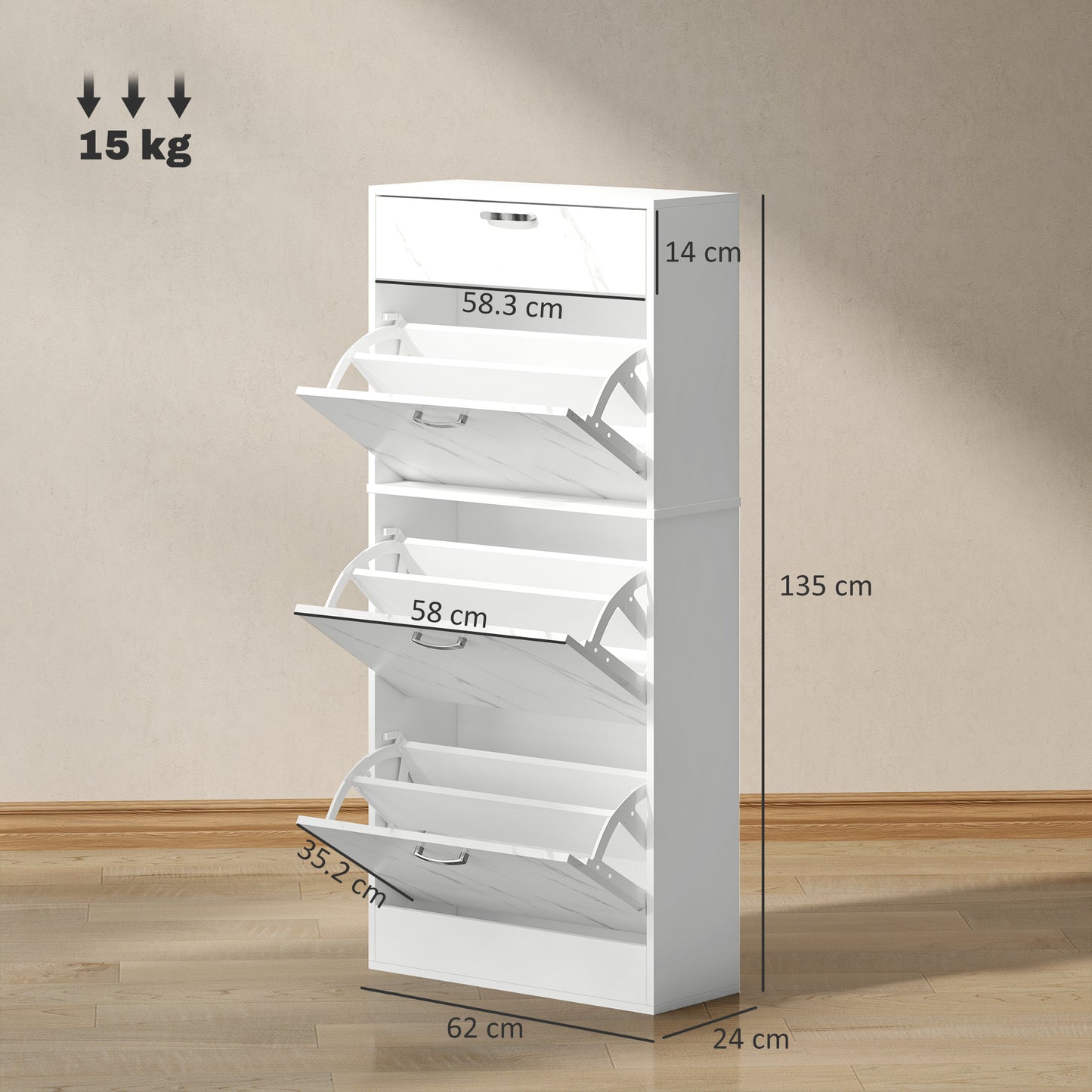 Marble Shoe Storage Cabinet with 3 Flip Drawers, Hallway Cabinet with Top Drawer and Adjustable Shelves