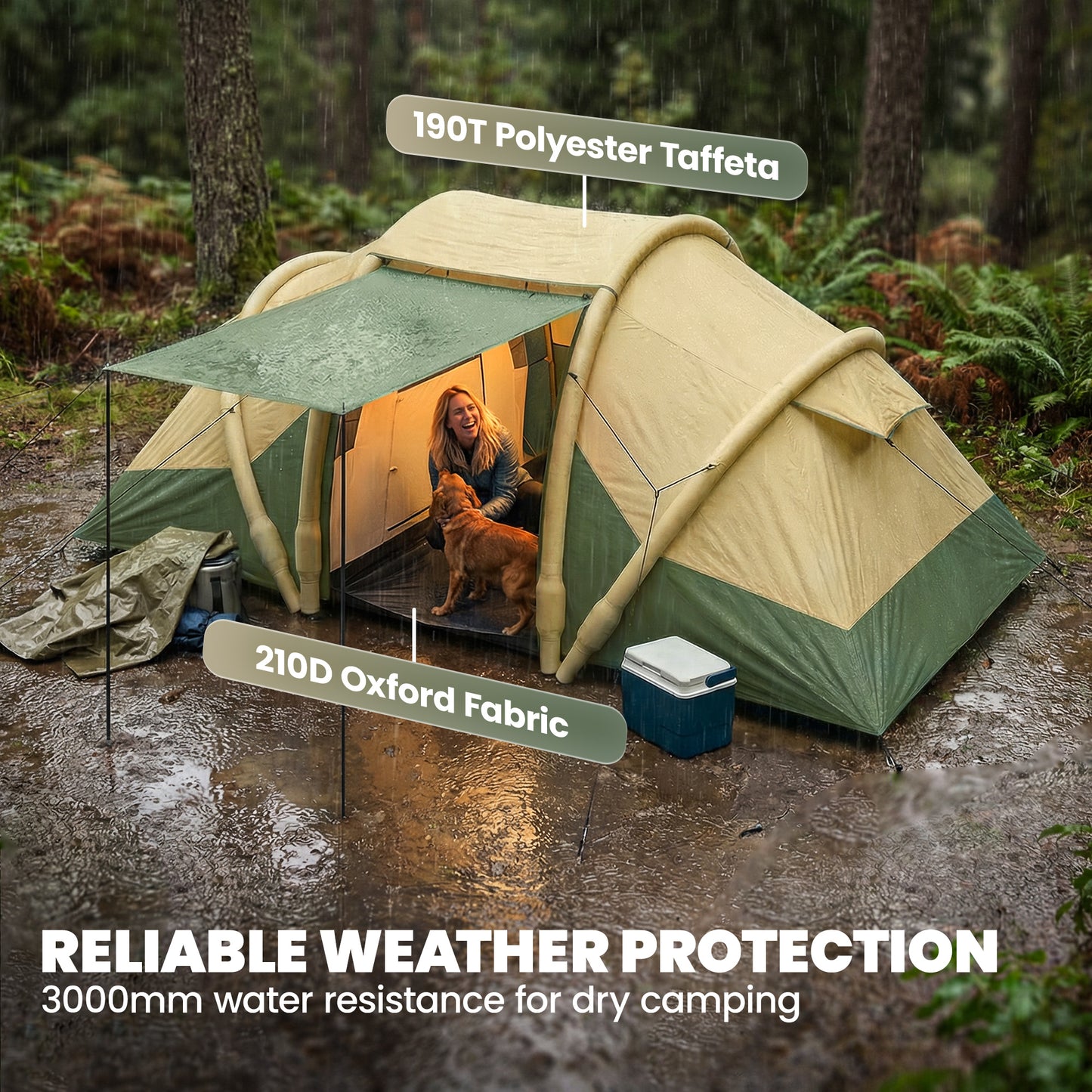 Inflatable Tent 2 Bedroom Tunnel Design Windproof Air Tent with Carry Bag for 4 Person