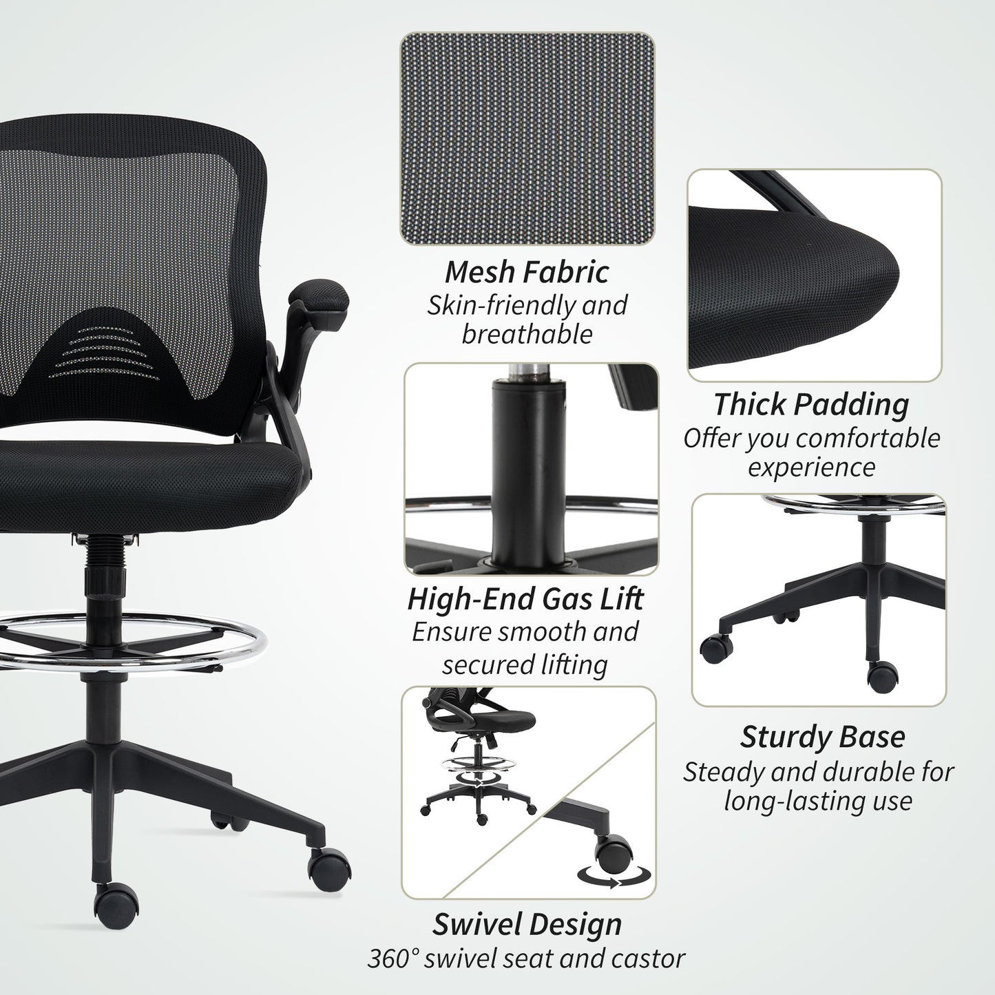 Drafting Chair with Flip-up Armrest, Mesh Office Stool with Foot Ring