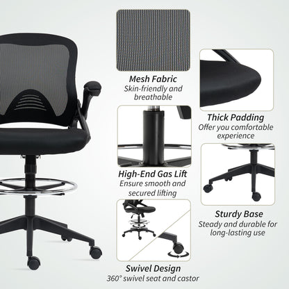 Drafting Chair with Flip-up Armrest, Mesh Office Stool with Foot Ring