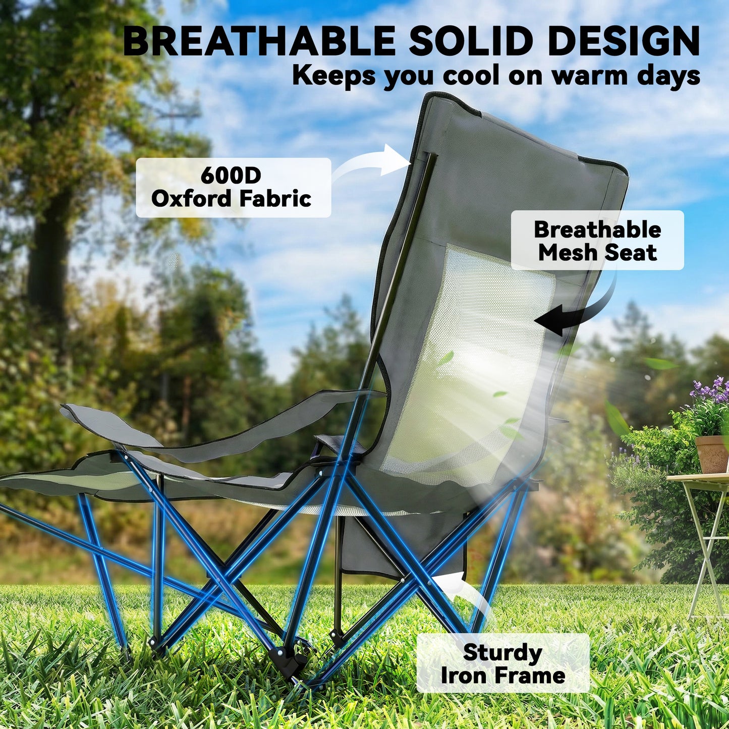 Camping Chair Reclining Portable Camp Chair with Detachable Footrest Cup Holder Grey