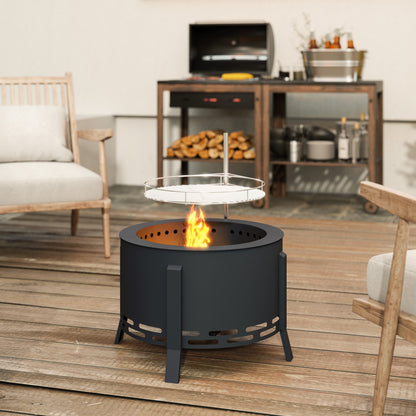 Portable Fire Pit, 58 cm Round Firepit with Grill Grate, Fire Bowl with Ash Catcher and Poker