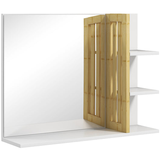 Bamboo Panel Bathroom Mirror, with Shelves - White