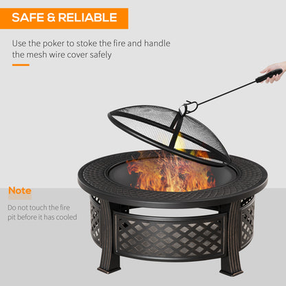 Outdoor Fire Pit, Firepit with Grill Net, Mesh Lid, Poker, for Camping, Bonfire, Picnic, Bronze Tone