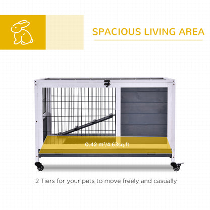 Wooden Guinea Pig Hutch, 2-Floor Bunny Cage w/ Enclosed Run Area, Grey