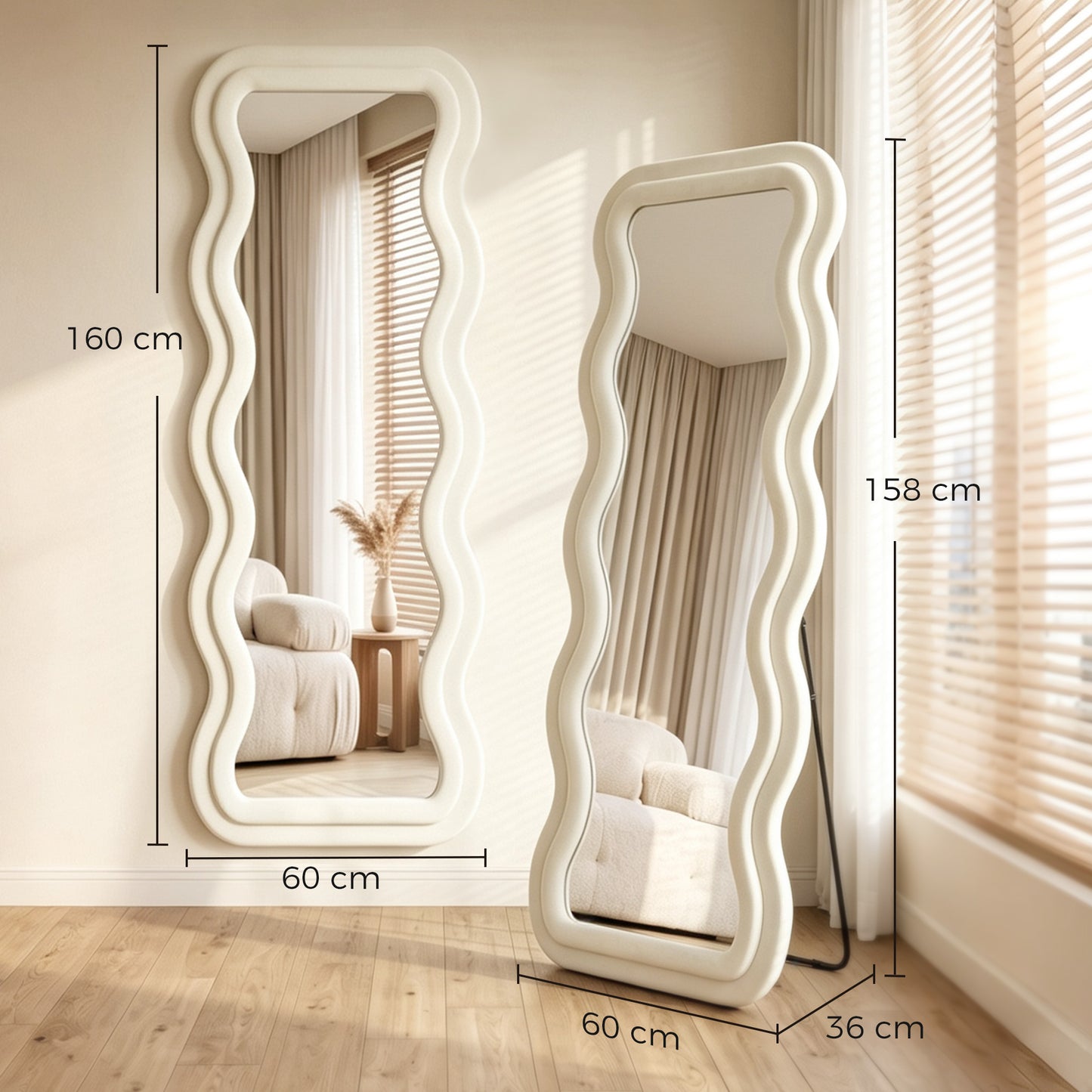 Full Length Mirror, 160 x 60 cm Wavy Full Body Wall Standing Mirror with Velvet Frame and Tempered Glass, Cream White