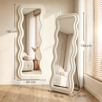 Full Length Mirror, 160 x 60 cm Wavy Full Body Wall Standing Mirror with Velvet Frame and Tempered Glass, Cream White