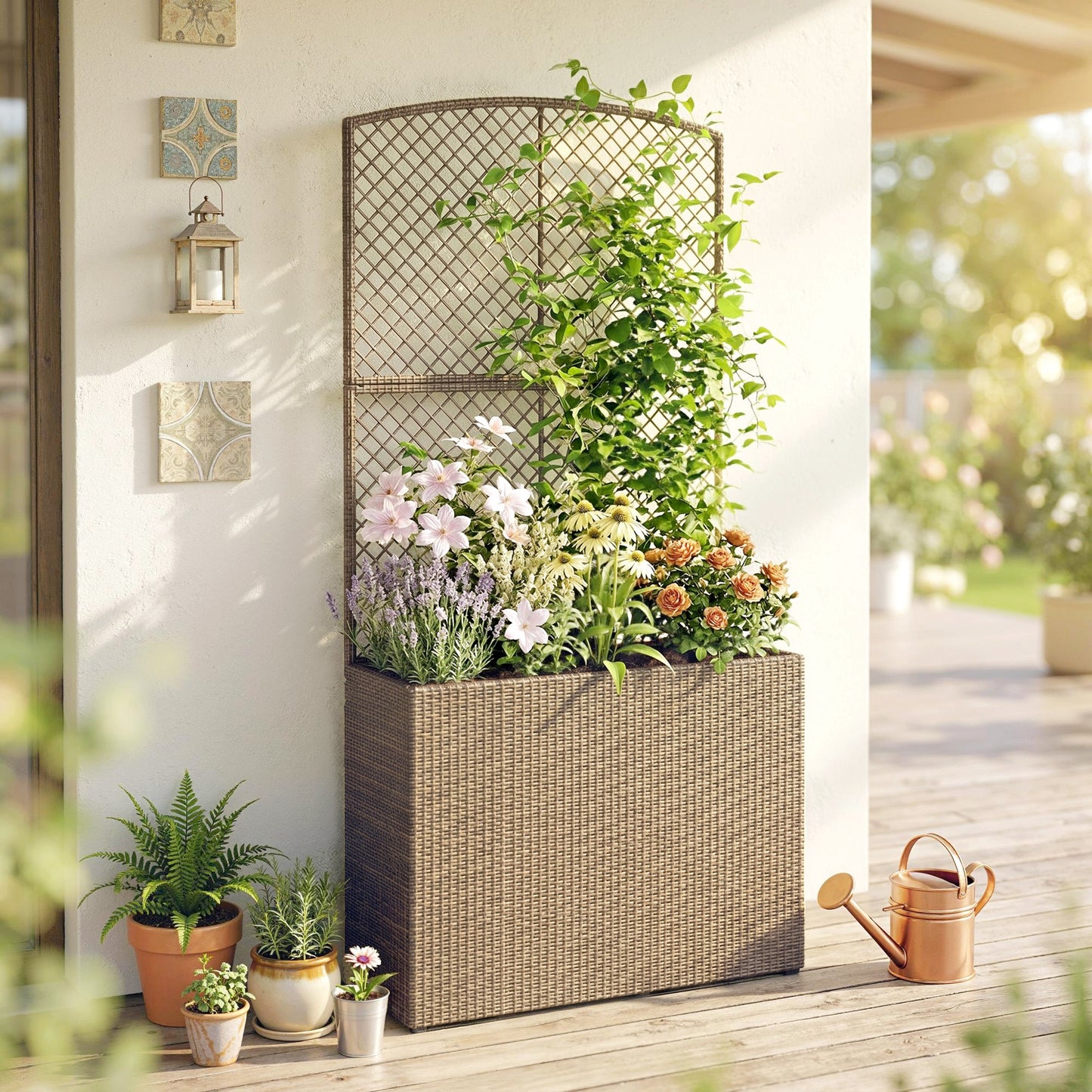 Rattan Planter with Trellis, Raised Beds for Garden with Liner for Climbing Plants Vegetables Flowers, Light Grey