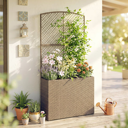 Rattan Planter with Trellis, Raised Beds for Garden with Liner for Climbing Plants Vegetables Flowers, Light Grey