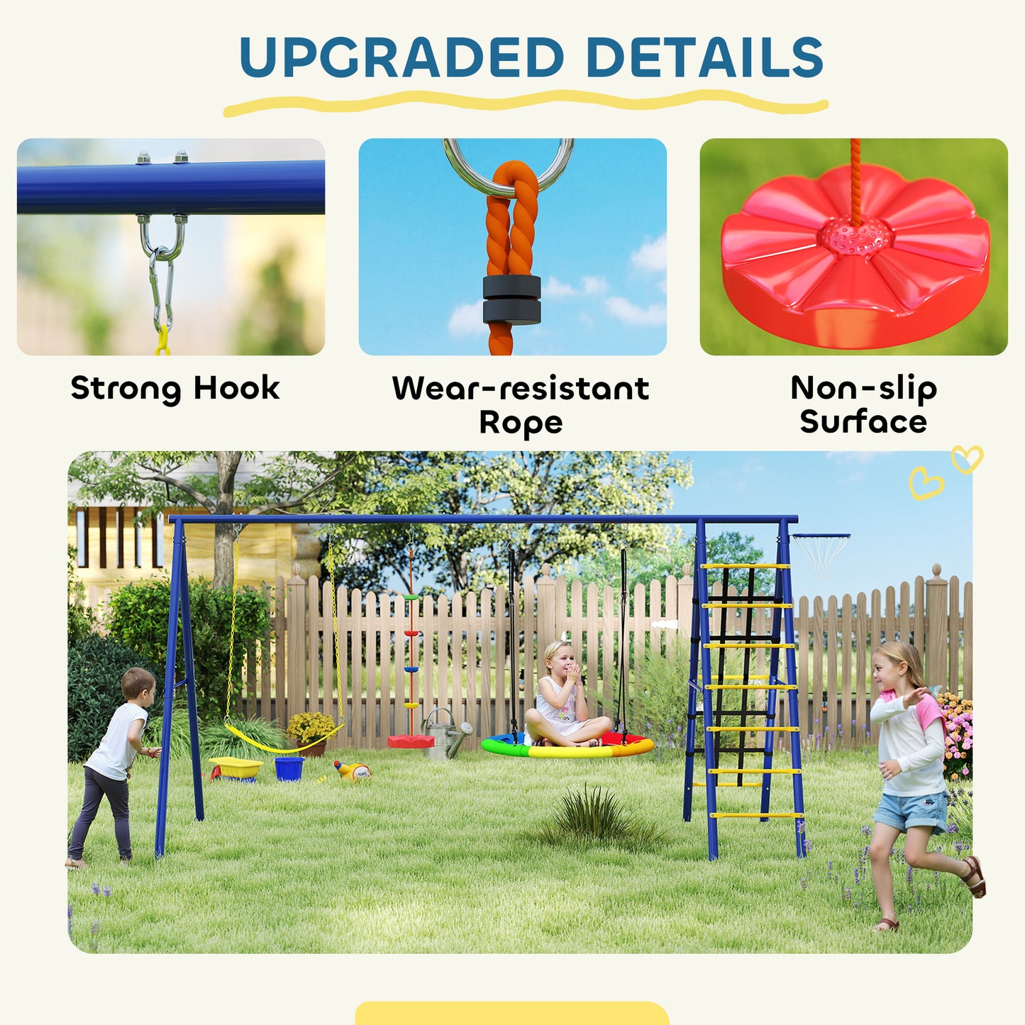 6 in 1 Metal Kids Swing Set with 3 Swings, Climbing Ladder & Net, Basketball Hoop, for Ages 3-8