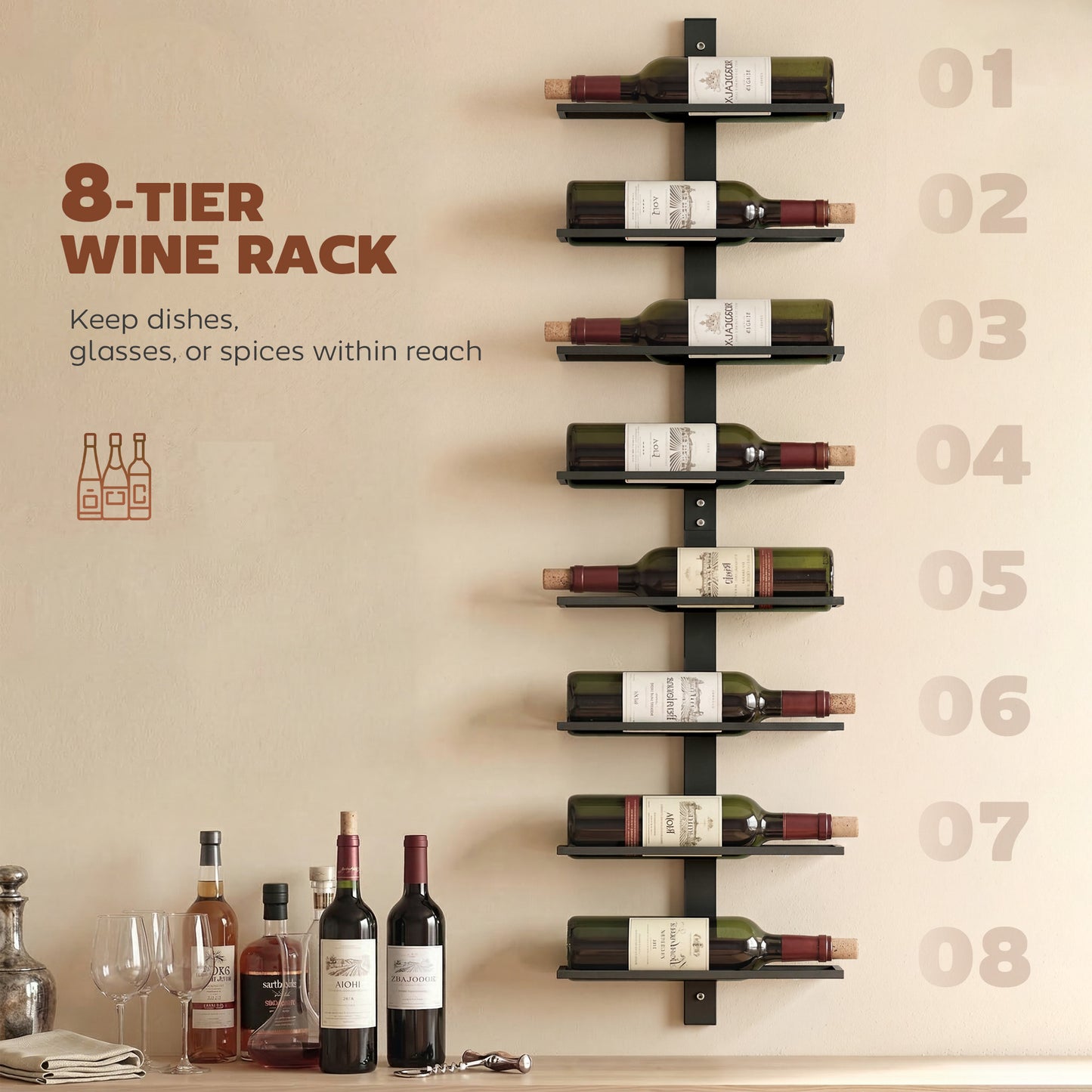 Wall Mounted Wine Rack, 8 Tier Metal Wine Display Rack, Storage Holder for Kitchen, Black