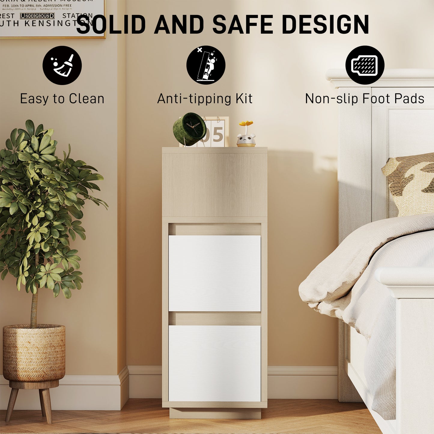 Slim Bedside Table, Narrow Bedside Cabinet with Open Shelf and 2 Drawers for Bedroom, Living Room, Natural Wood Finish